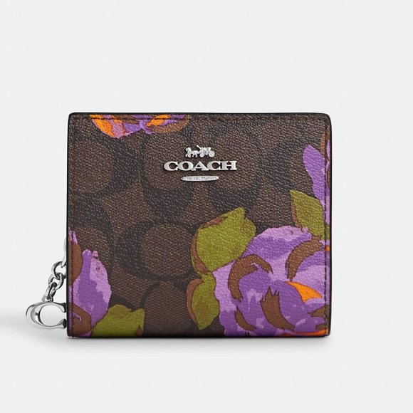 🌸 Coach Snap Wallet In Signature Canvas With Rose Print - Picture 1 of 11